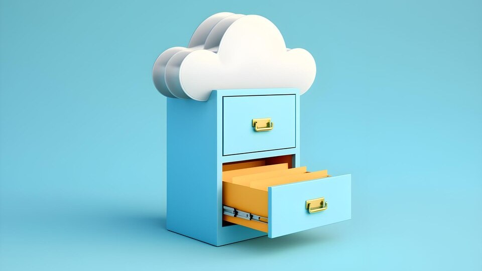 A blue cabinet with a cloud shaped top open and a drawer with a white cloud above it.