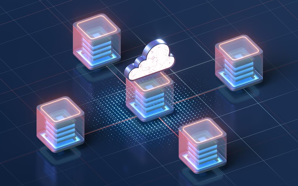 Block chains and cloud computing 3d rendering Computer digital drawing