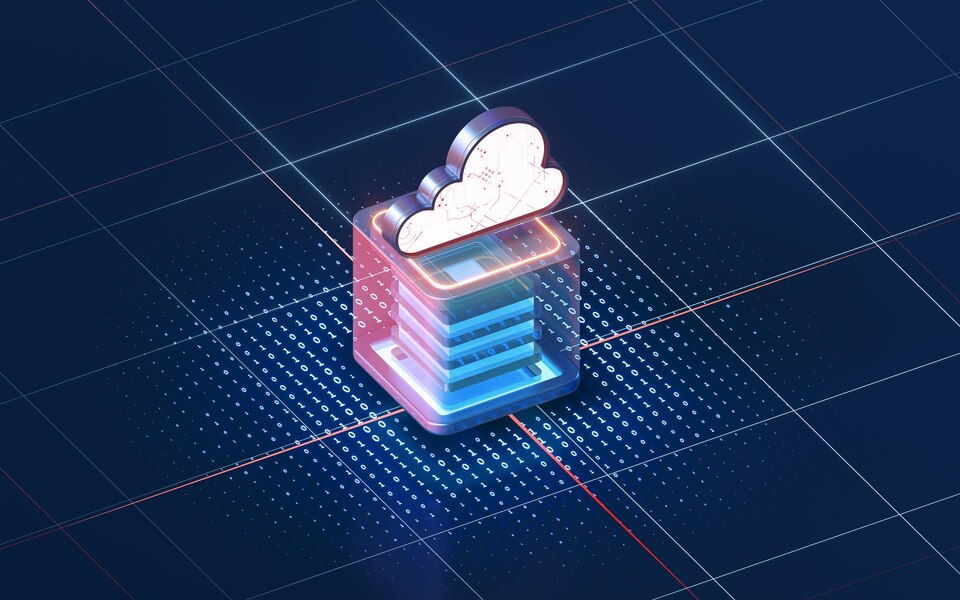 Cloud computing and cube with dark background 3d rendering