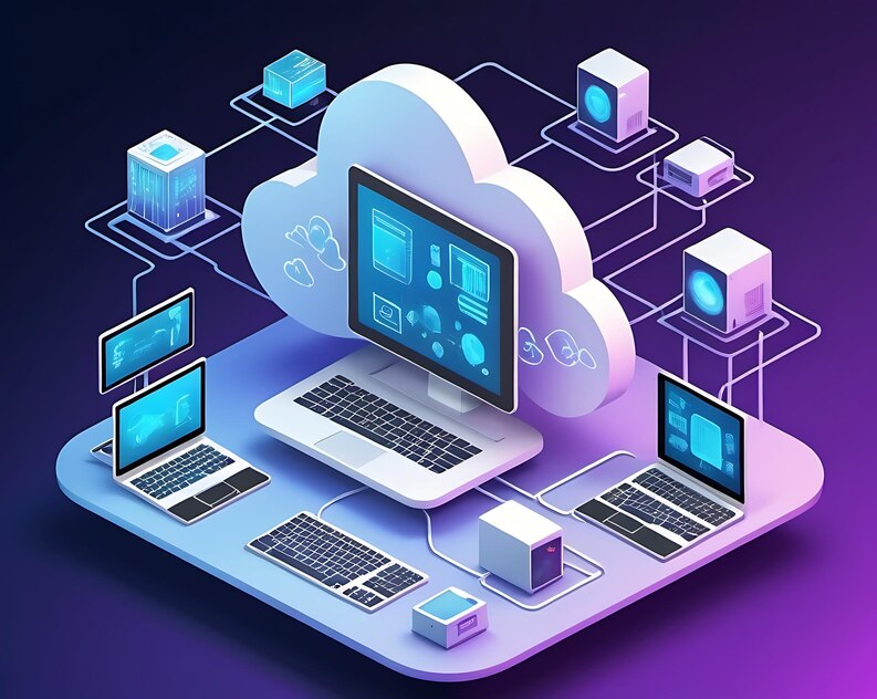 A 3D rendering depicting a cloud computing system 