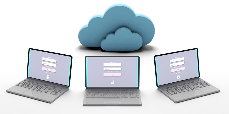 Computer cloud concept login on the computer screens isolated on white background 3d illustration 