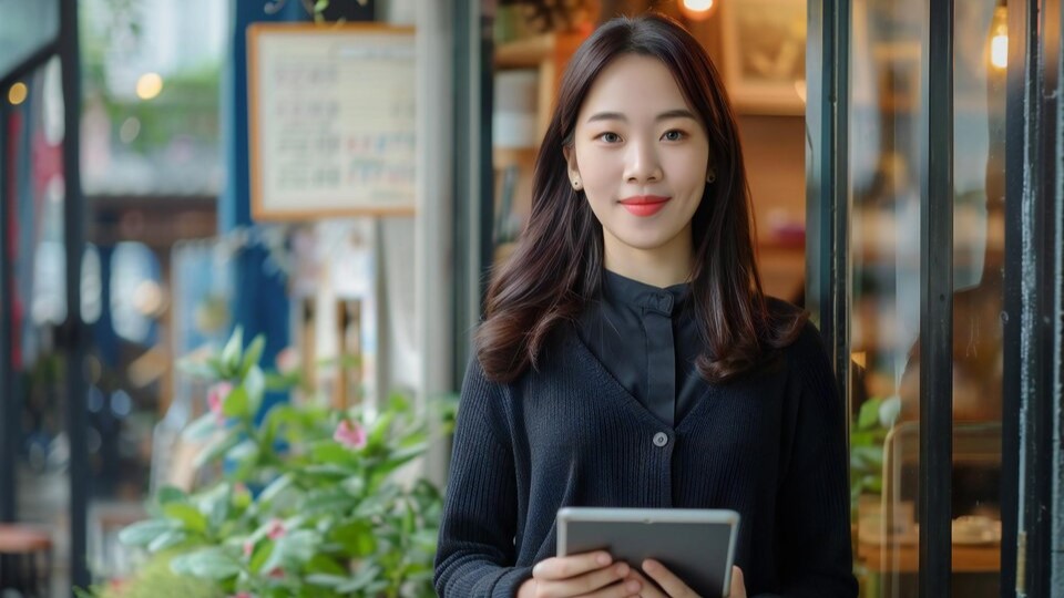 Confident Woman with Tablet Outside Caf Modern Entrepreneur and Urban Business Lifestyle