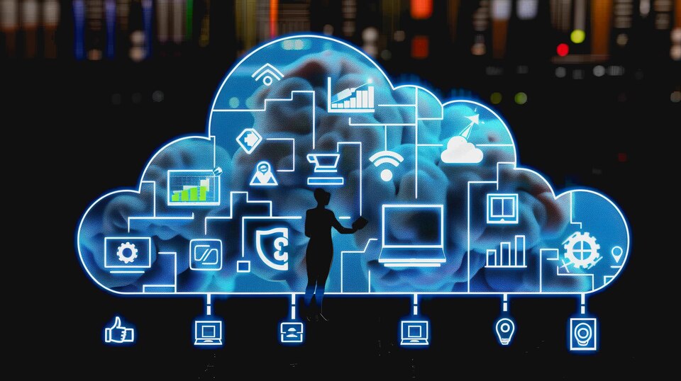 Person interacting with futuristic cloud interface surrounded by digital icons 