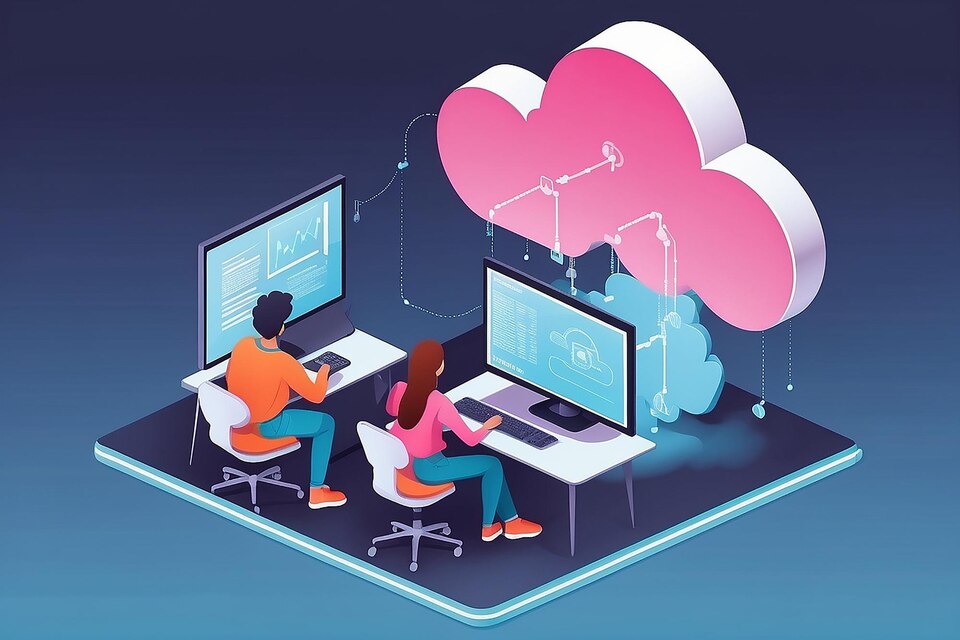 Flat isometric illustration concept two people control cloud server from monitor