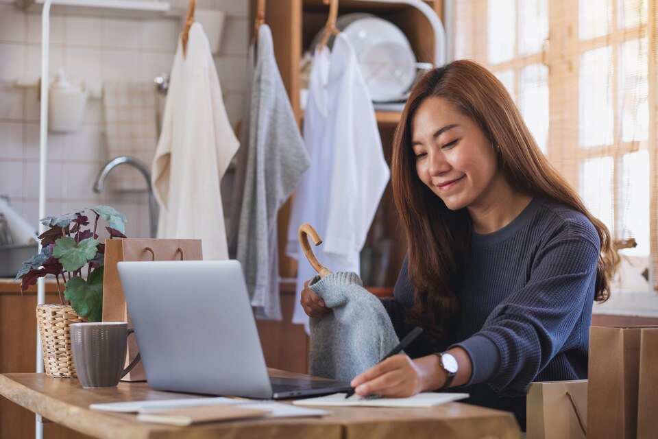 A female entrepreneur selling clothes and checking orders