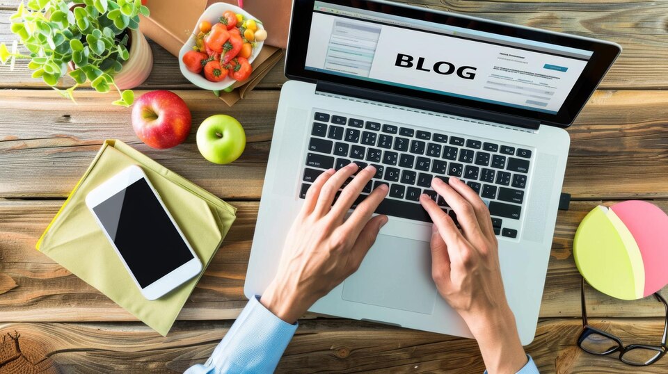 A laptop with the word BLOG on the screen is placed on a desk