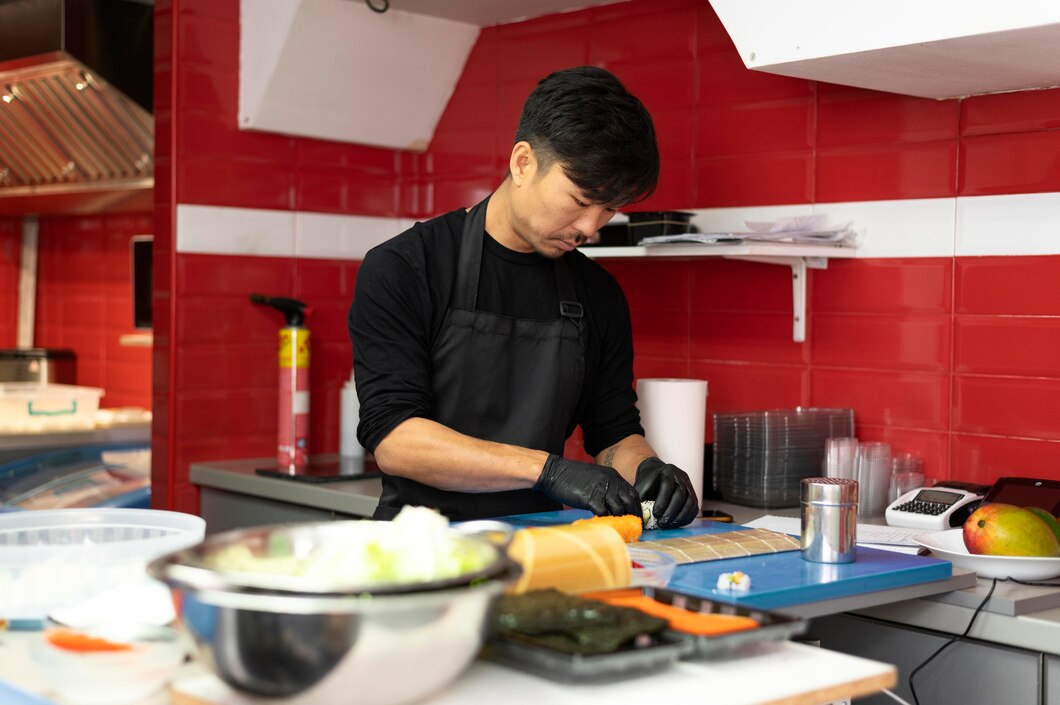 Male chef preparing a sushi order for a takeaway
