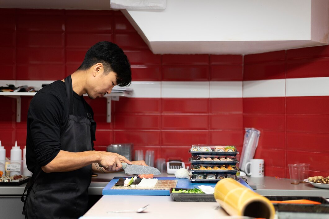 Man preparing a sushi order for a takeaway
