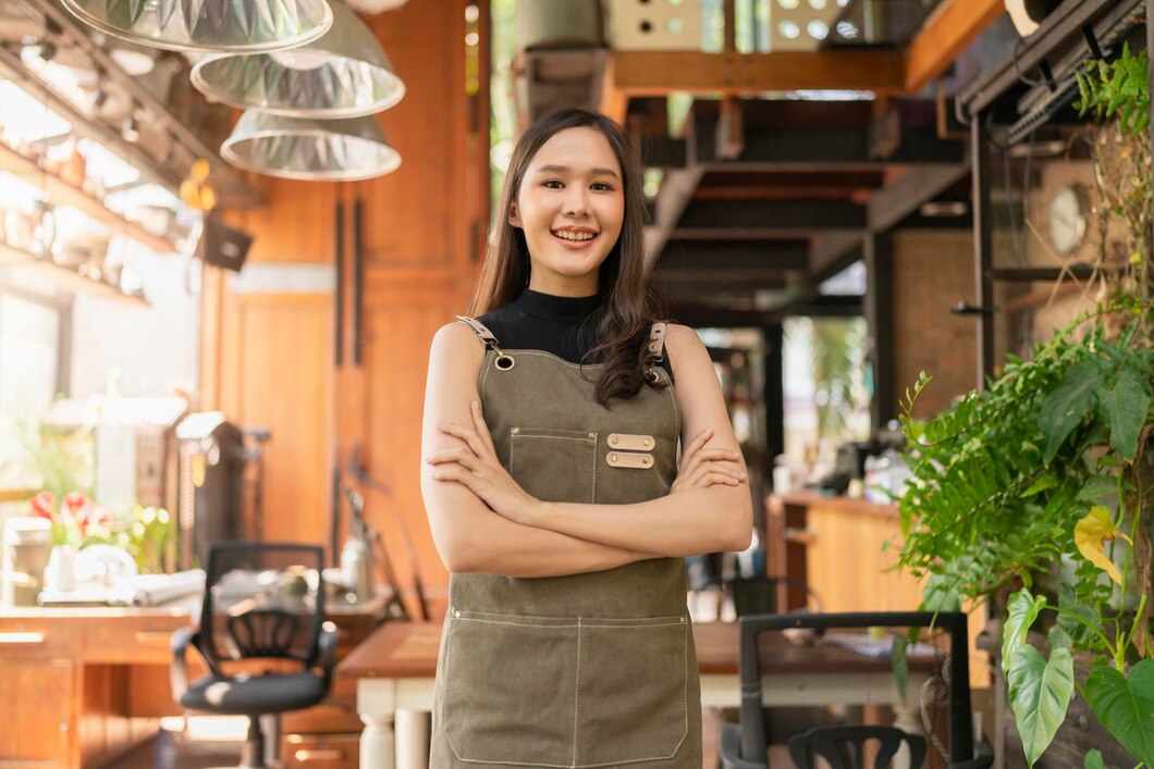 Portrait of asian adult female woman wear apron