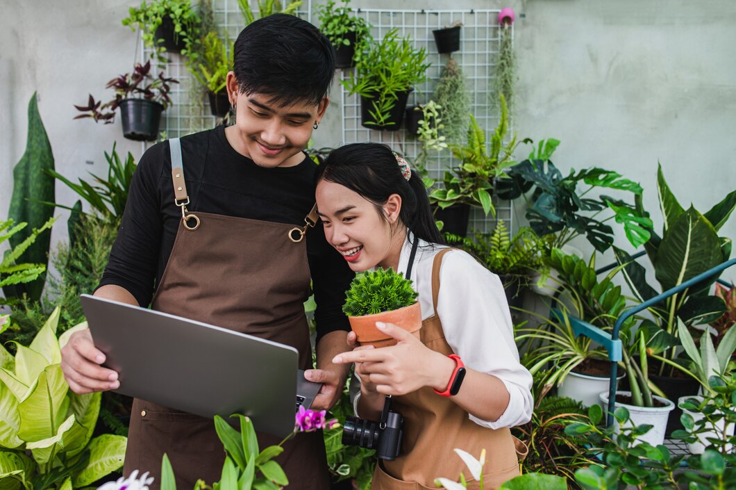 Portrait Asian young gardener couple wearing apron use garden equipment