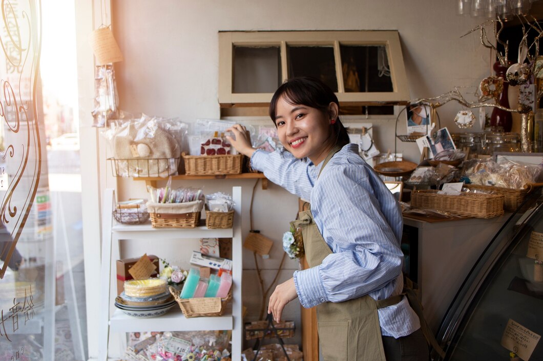 Young woman arranging her cake shop