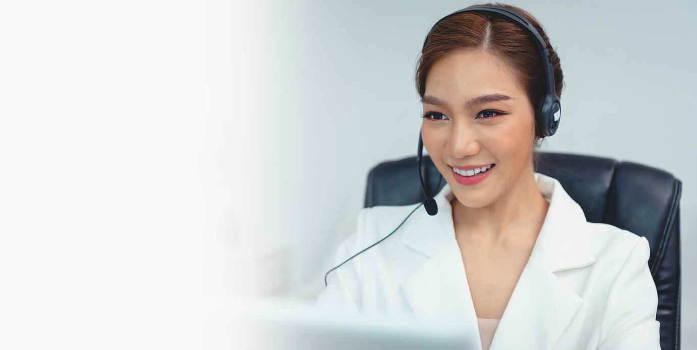 Asian woman Call center agent with headset working on support hotline