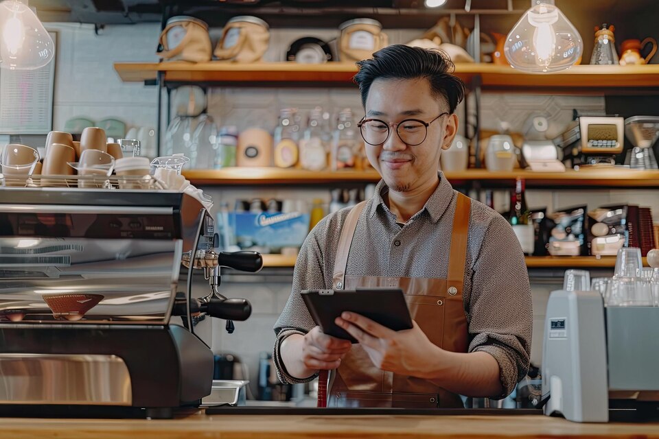 Asian Barista Checking Order on Tablet in Coffee Cafe