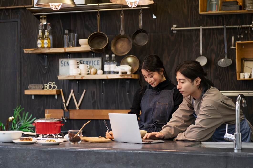 Japanese man and woman working using a laptop in a restaurant