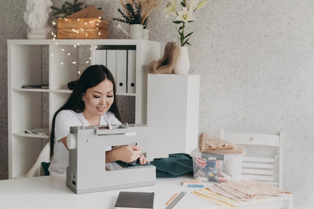 Medium shot smiley woman with sewing machine