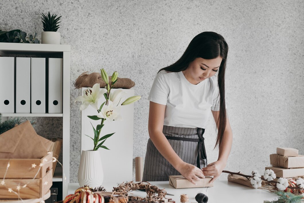 Medium shot woman wrapping gifts