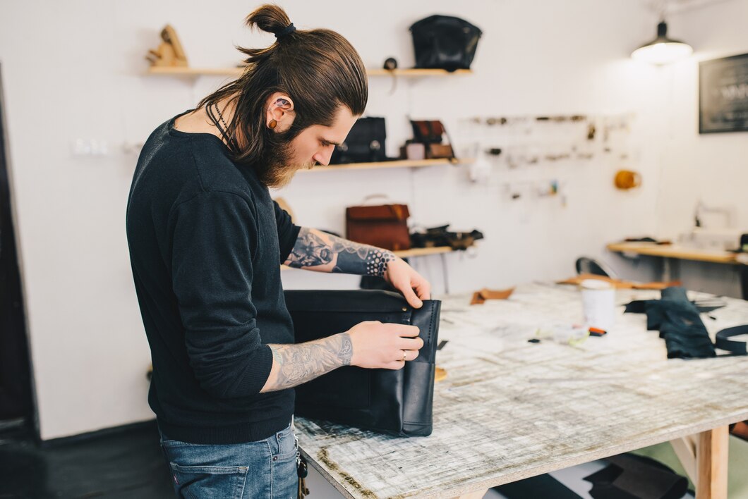 Working process of the leather bag in the leather workshop