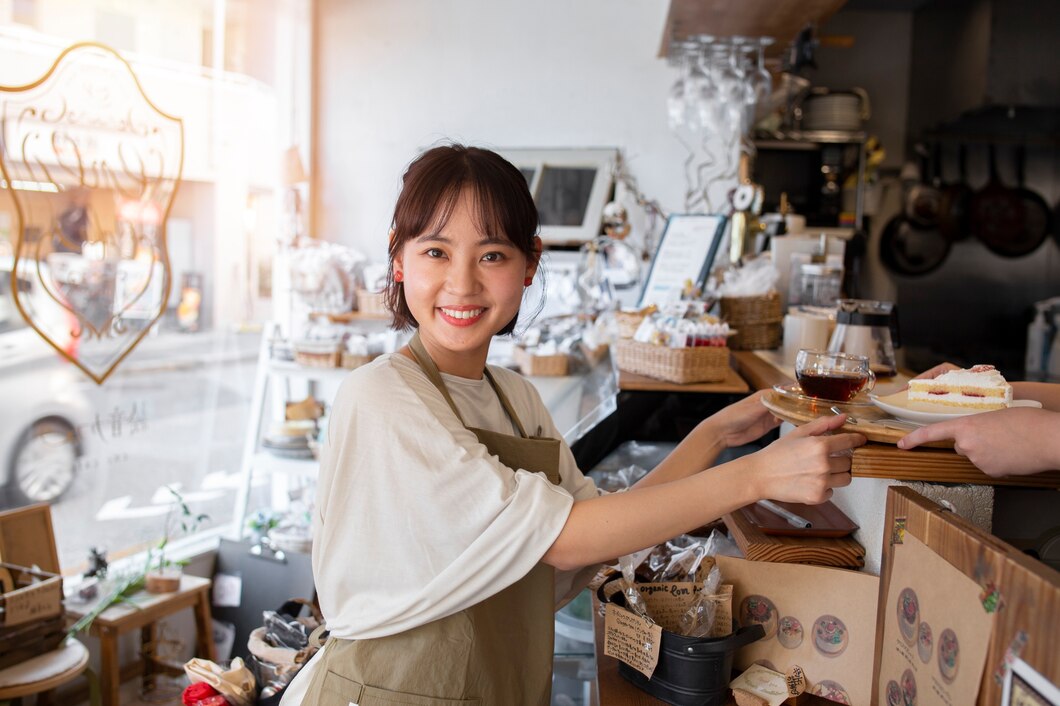 Young woman arranging her cake shop