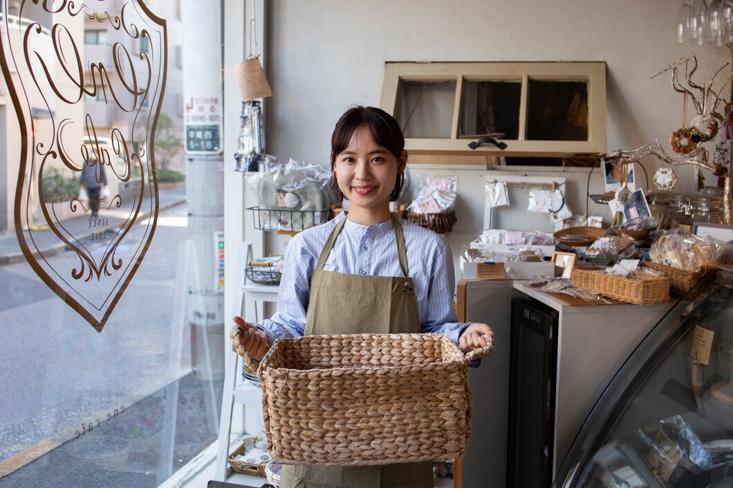 Young woman arranging her cake shop
