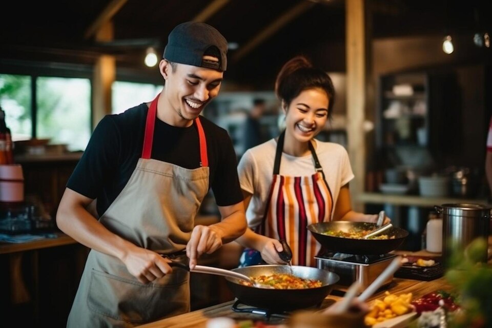 Young man gesturing thumb up to girlfriend while cooking together