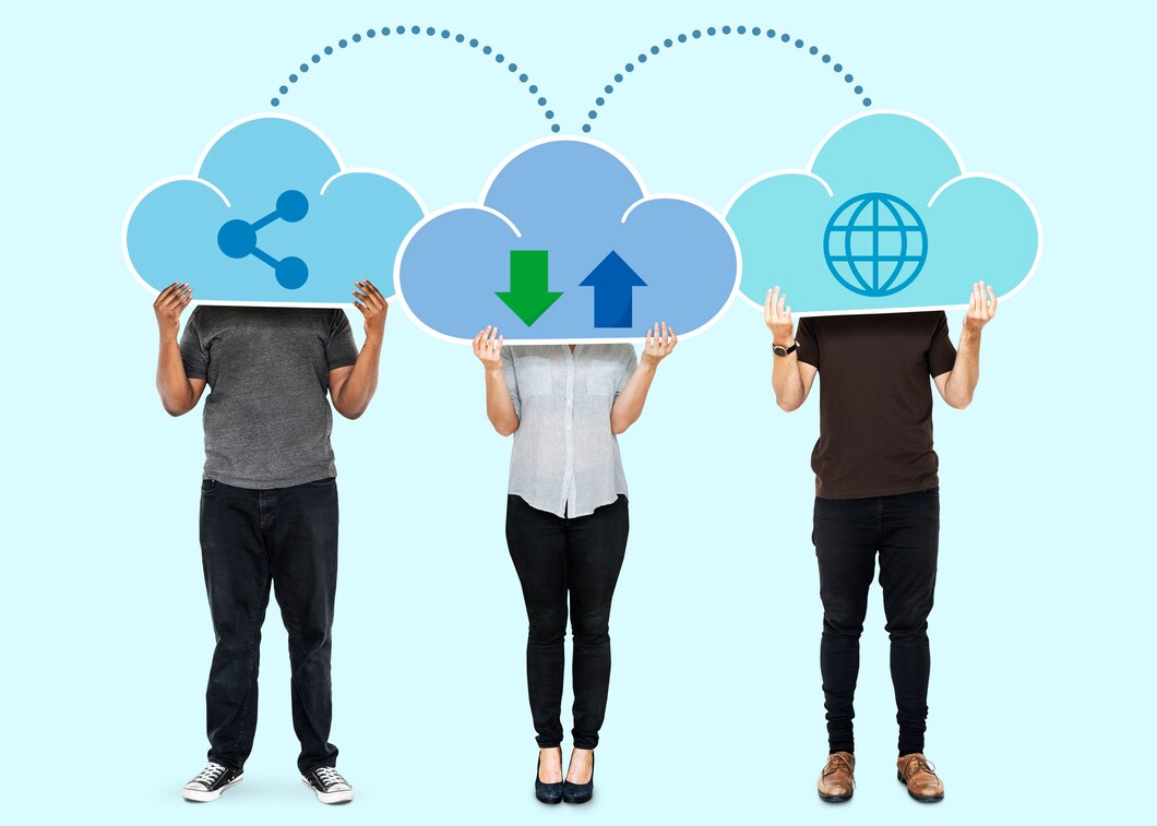 People with cloud network storage symbols