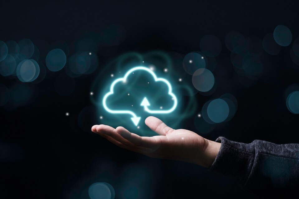 Businessman holding virtual cloud computing to transfer data information