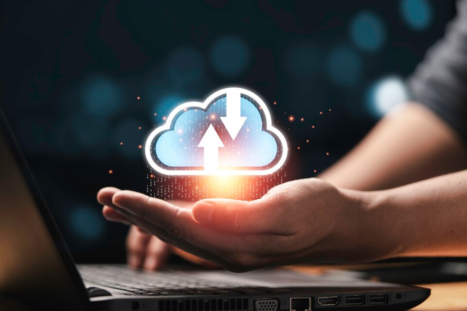 Man use computer laptop and hand holding virtual cloud computing