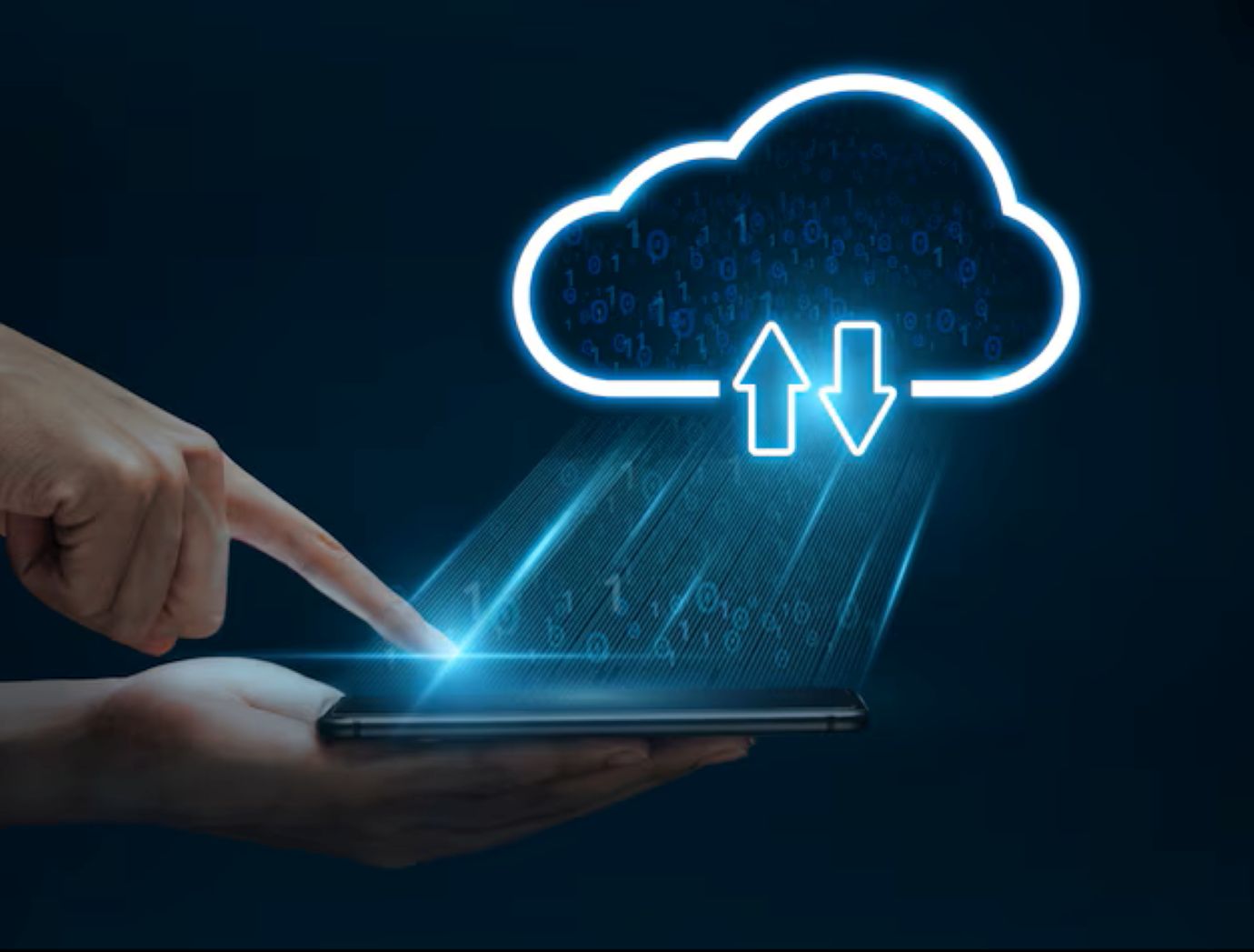Man hand using smartphone connect to cloud for transfer data