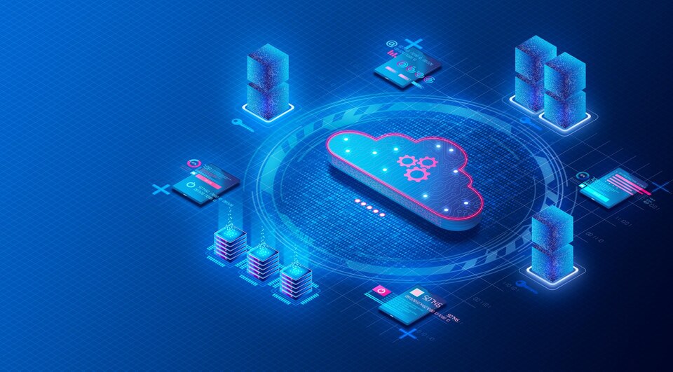 Cloud database management system concept 3d illustration