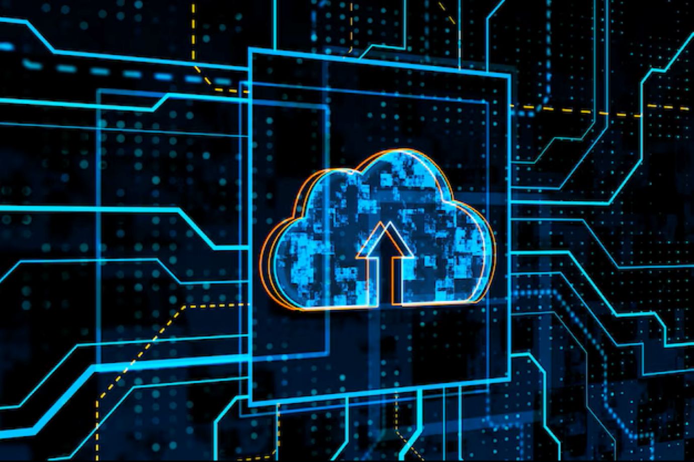 Glowing circuit cloud computing hologram on dark background database