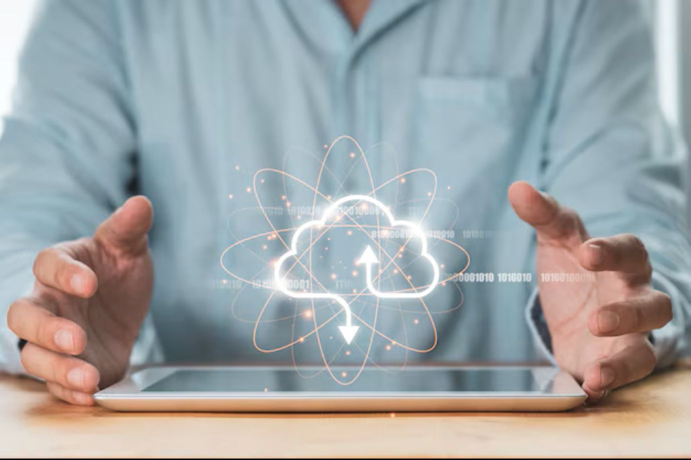 Businessman holding virtual cloud on tablet