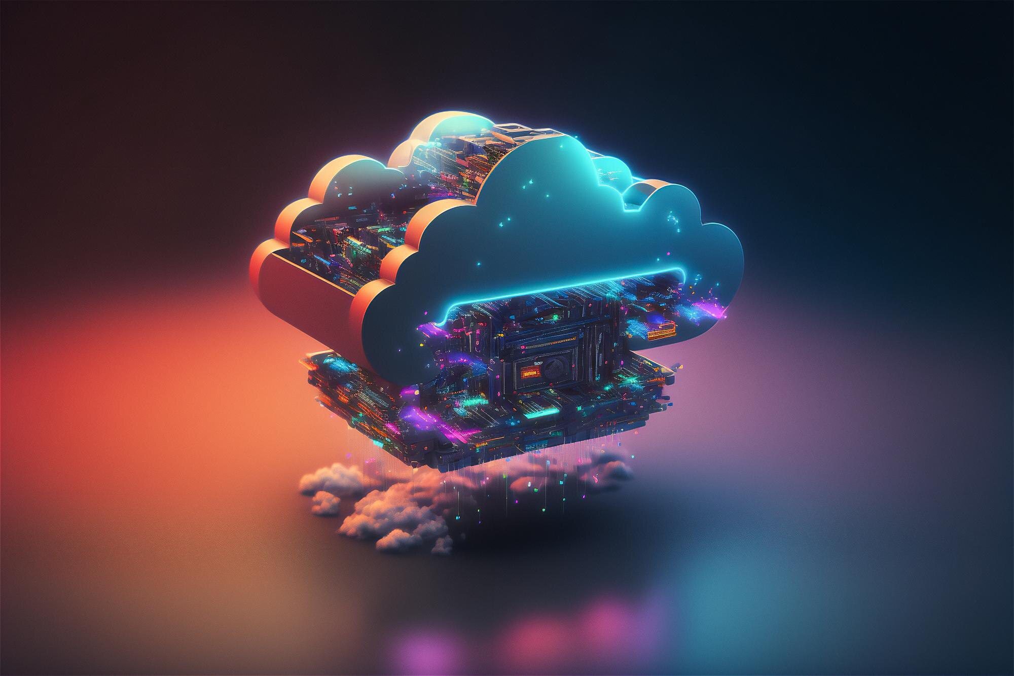 Cloud data storage rack concept in glass cube cloudscape