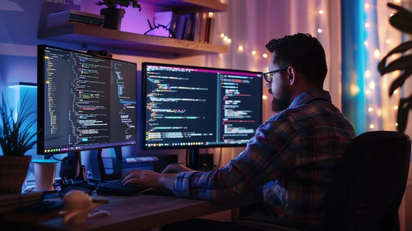 Focused male software developer working late at night