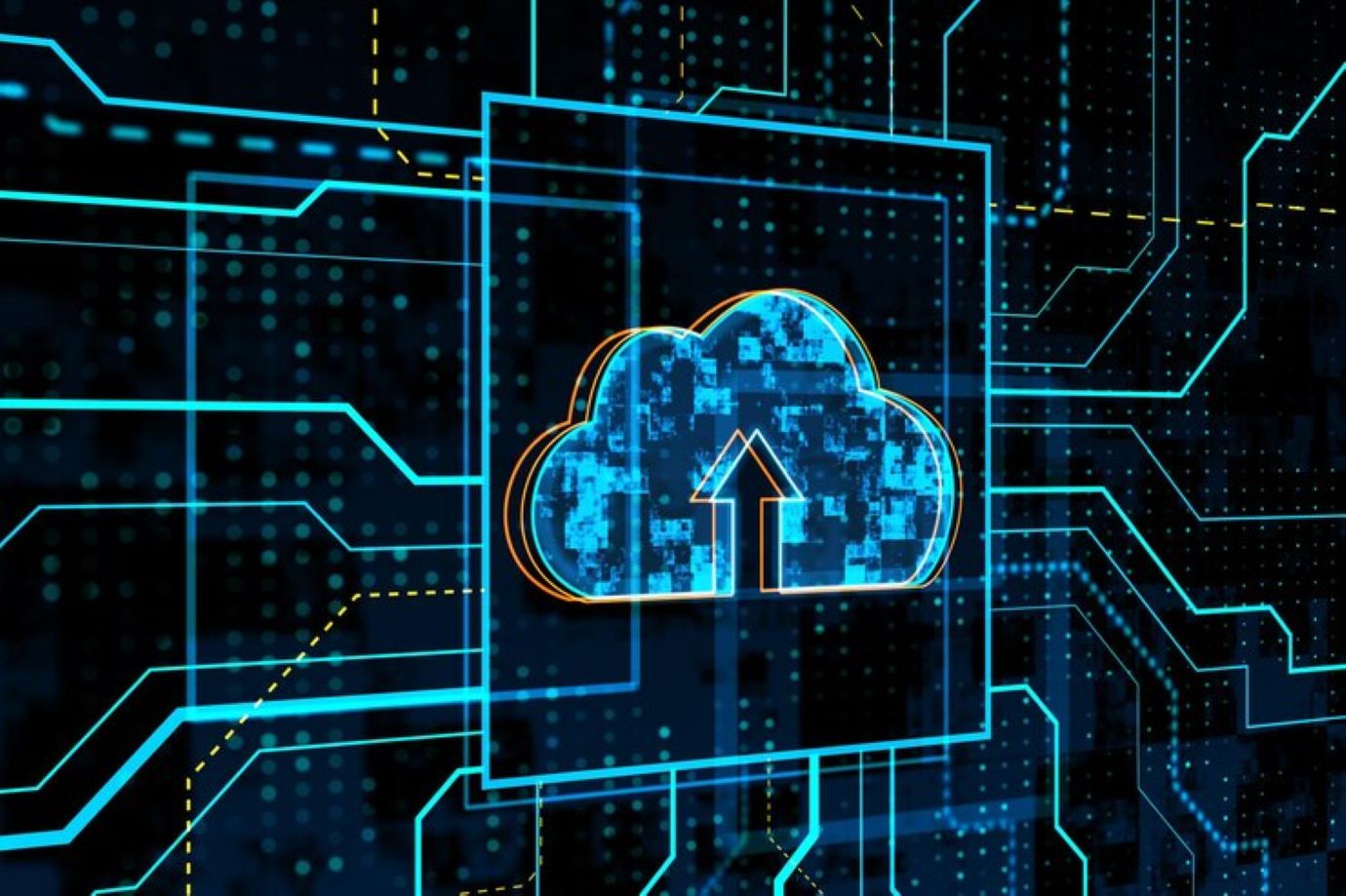 Glowing circuit cloud computing hologram on dark background database