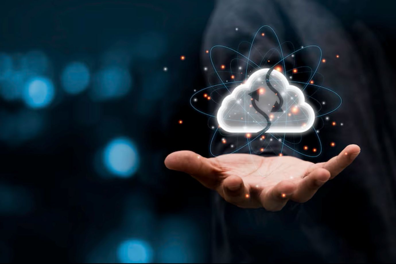 Hand holding virtual cloud element