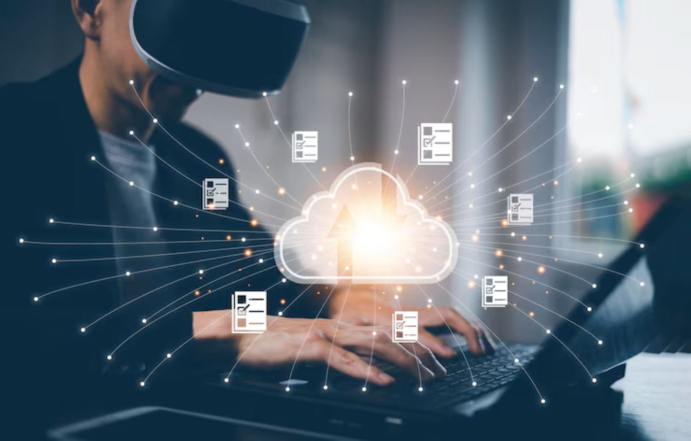 Man wearing vr glasses virtual using tablet with data information 