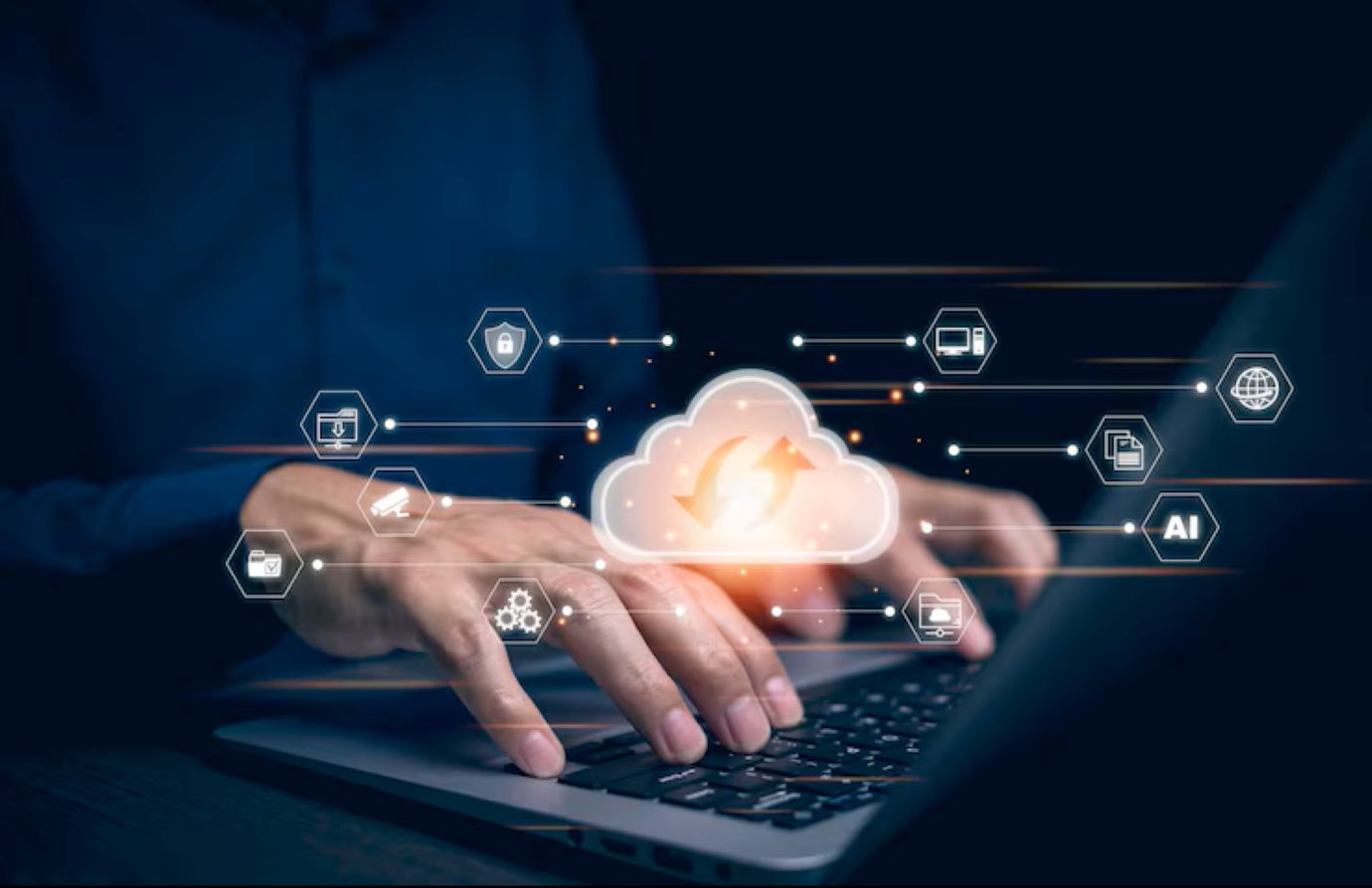 Business people using laptop with cloud computing system storage