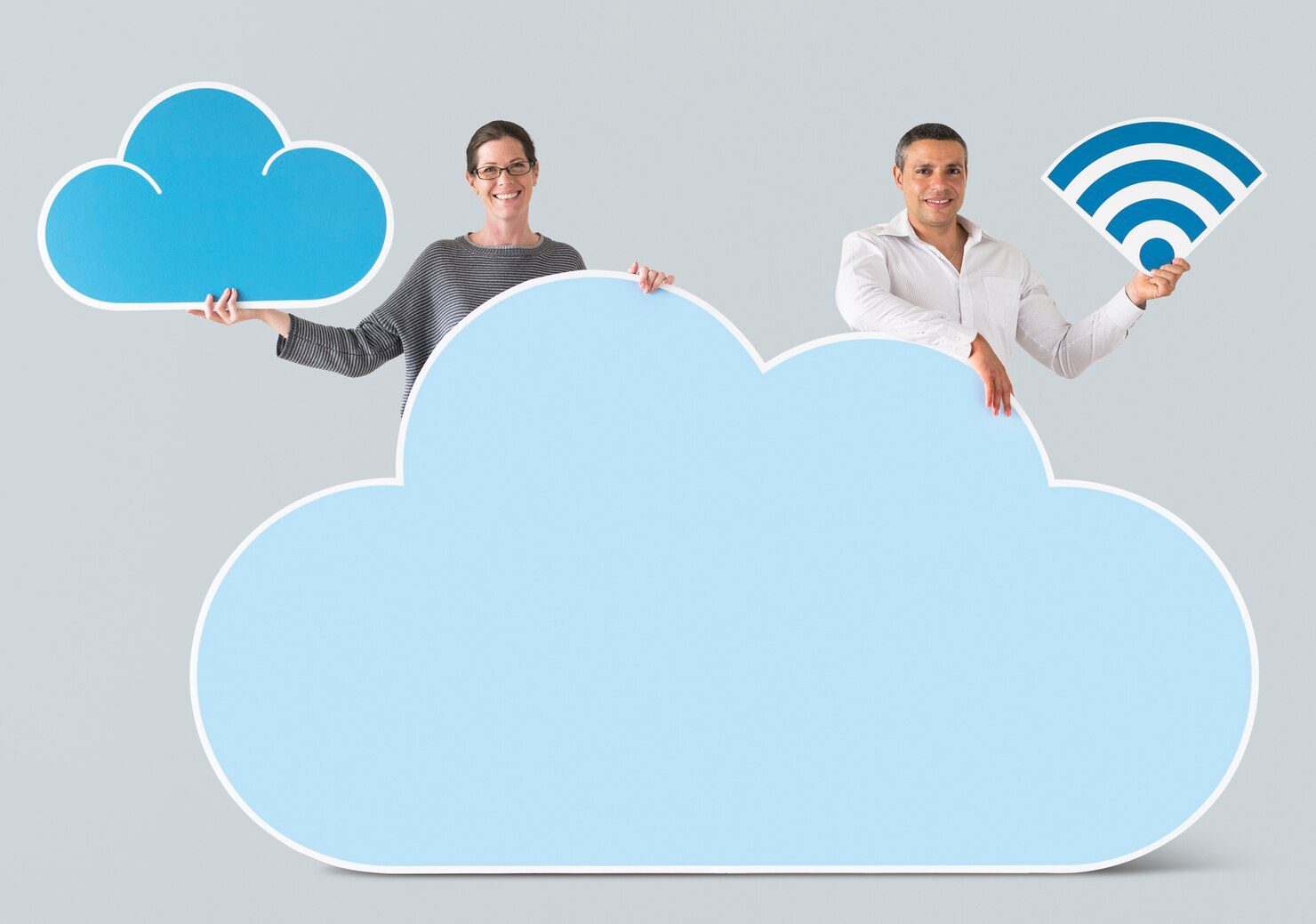 People holding cloud and technology icons