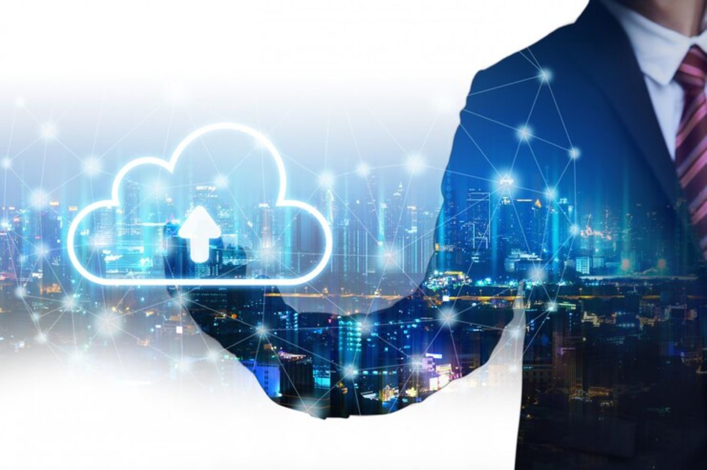 Double exposure business man with cloud network connection concept