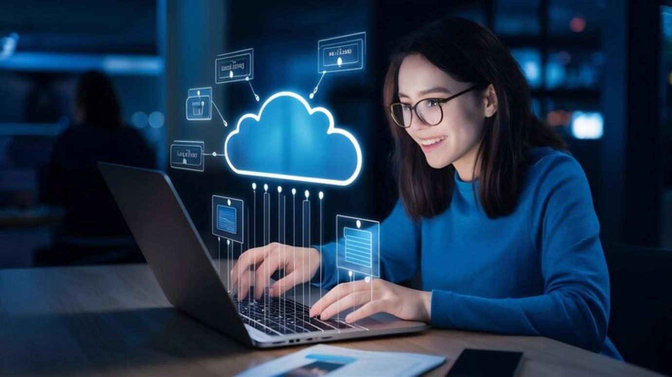 Woman use laptop with cloud computing diagram cloud technology data 