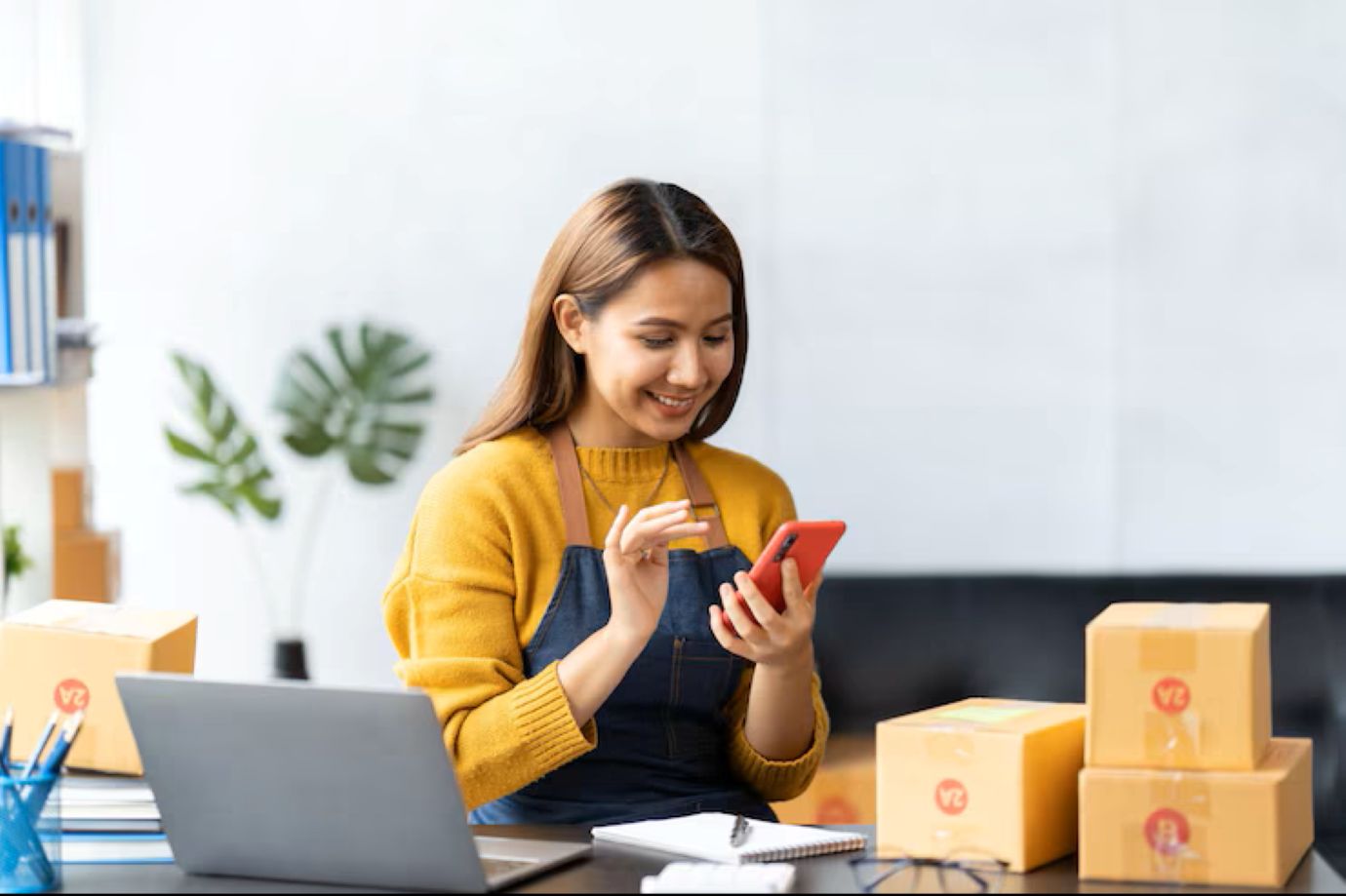A woman playing with her handphone