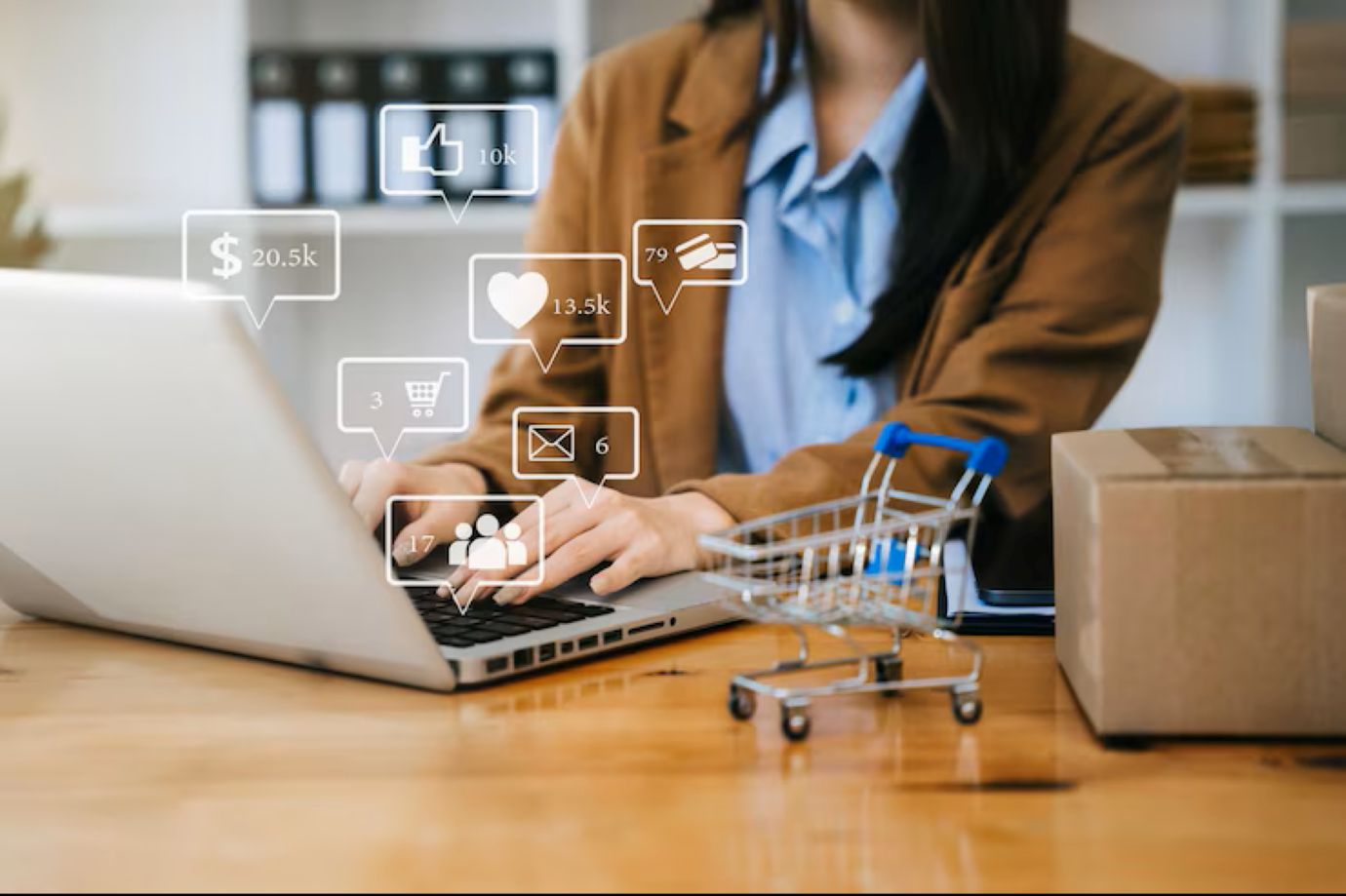 Woman start up small business owner writing address on cardboard box