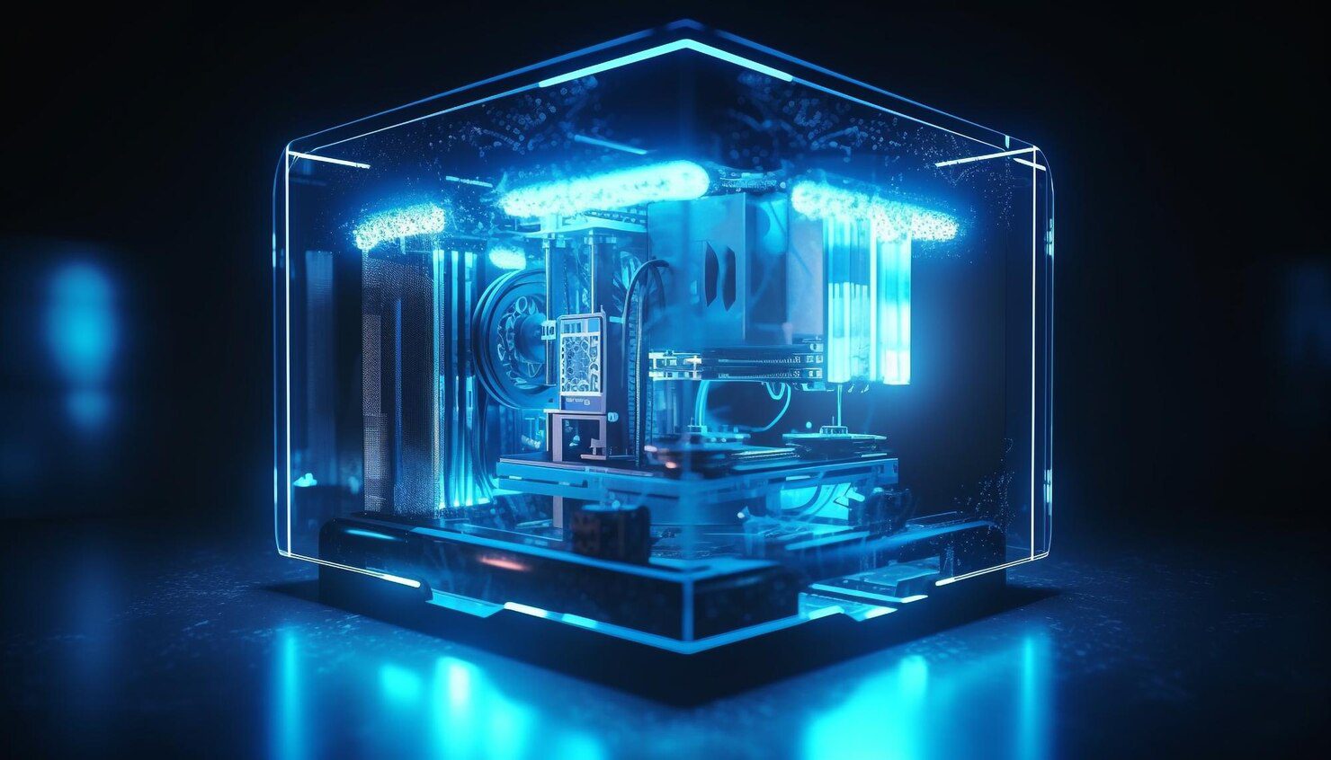 Futuristic machinery design glows blue in factory