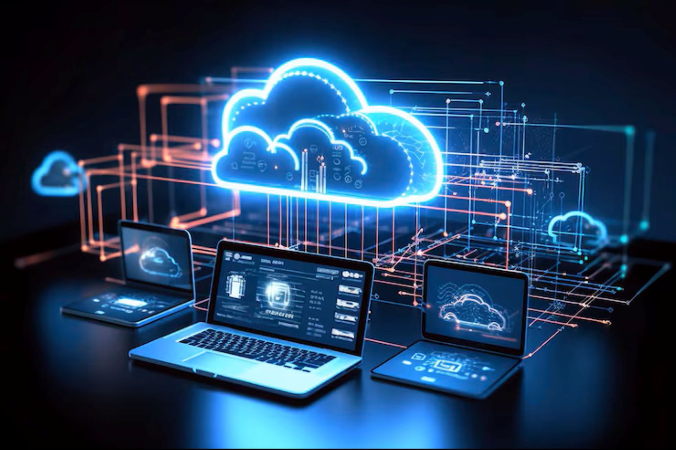 Three laptops are on a table with a cloud in the background