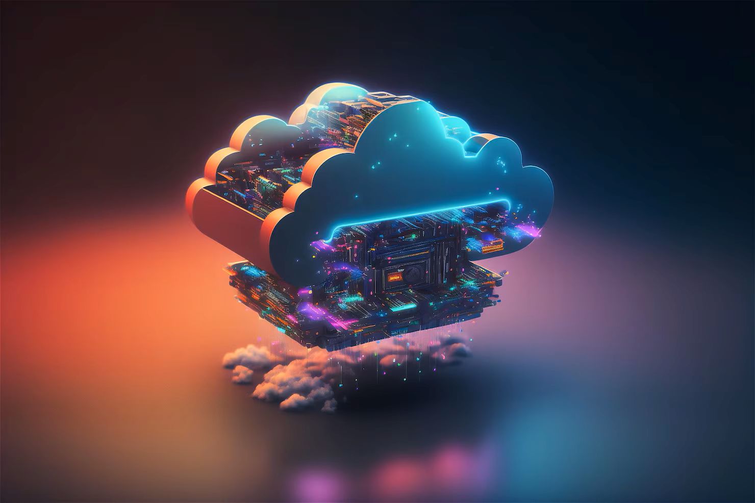 Cloud data storage rack concept in glass cube cloudscape